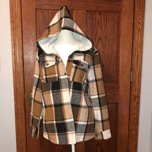 Hooded Brown and Black Pea Coat with Plaid Design